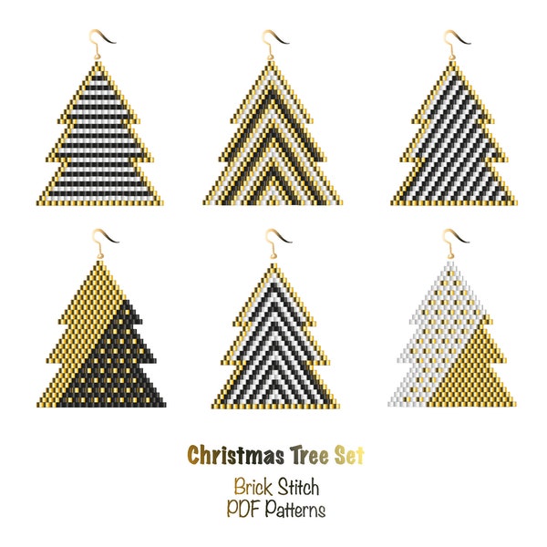 Black White Gold Beaded earrings pattern set of 6 Christmas Tree earrings pattern Brick stitch earrings pattern X-mas tree earrings pattern