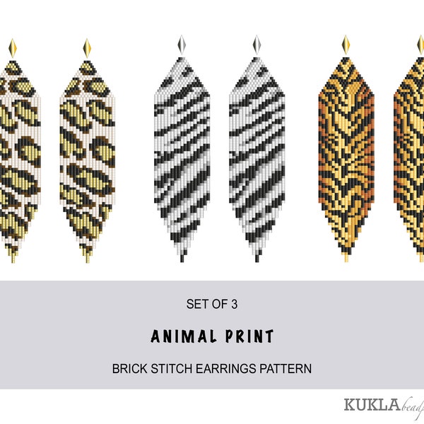 Animal print earrings patterns Beaded earrings patterns Leopard Zebra Tiger earrings pattern Brick stitch beading earrings pattern PDF