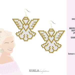 Puede incluir: Patrón de descarga digital para pendientes de ángel de punto de ladrillo. El patrón es para un par de pendientes con cuentas blancas y doradas.