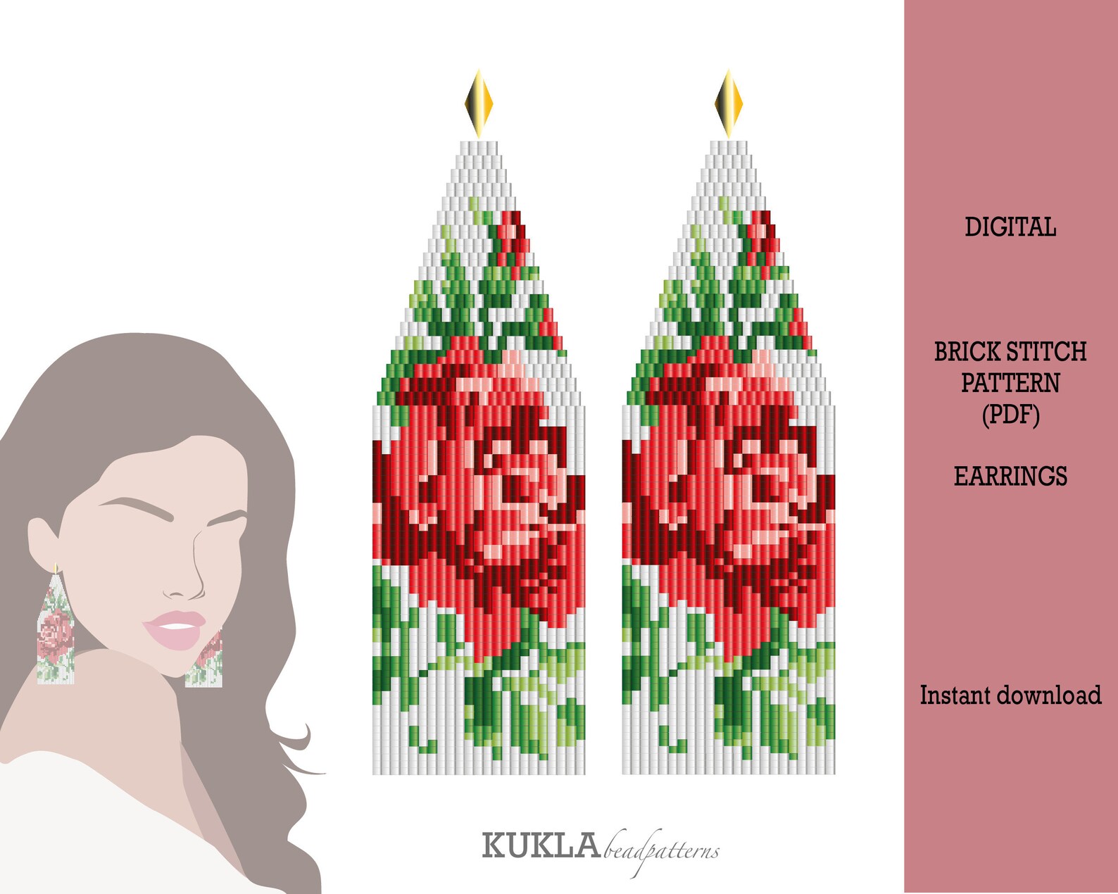 Red Rose Beaded Earrings Pattern Brick Stitch Fringe Seed Etsy