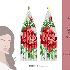 Könnte beinhalten: Digitales Ziegelmuster-PDF für Perlenohrringe mit einem roten Rosenmotiv. Sofortiger Download.