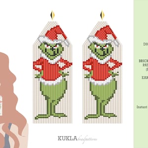 May include: Grinch-themed brick stitch beading pattern for earrings. The pattern features the Grinch wearing a Santa hat and a red sweater. The pattern is available as a digital download.