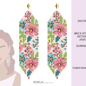 May include: A digital download pattern for brick stitch earrings featuring a floral design with pink, blue, green, and yellow beads. The pattern is available as a PDF file.  DIGITAL BRICK STITCH PATTERN (PDF) EARRINGS Instant download