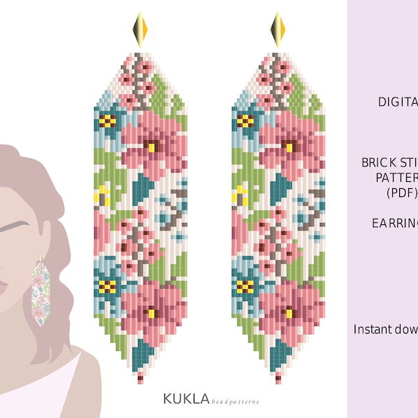 Lovely Flowers Earrings Pattern, Beaded earring patterns, Summer Earrings, Brick Stitch + Fringe Miyuki Delica Bead Earrings Pattern, PDF