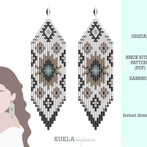 May include: Digital download pattern for brick stitch beaded earrings. The earrings are long and feature a geometric design in white, black, brown, and blue.