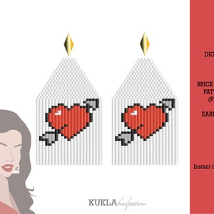 May include: Digital download pattern for brick stitch earrings featuring a red heart with an arrow through it. The pattern is for beaded earrings.