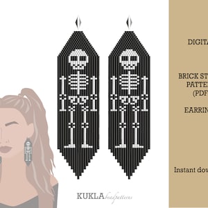 May include: Digital download pattern for brick stitch beaded earrings featuring a skeleton design in black and white.