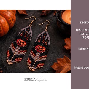 May include: A pair of long, dangling brick stitch beaded earrings featuring a jack-o'-lantern pumpkin design in black, orange, and grey beads with gold-toned ear wires. The text on the image reads: DIGITAL BRICK STITCH PATTERN (PDF) EARRINGS Instant download KUKLA beadpatterns.