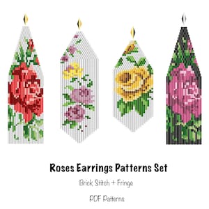 Könnte beinhalten: Ein Set mit vier Perlenmustern für Rosenohrringe. Die Muster sind für Ziegel- und Fransen-Stich. Die Muster sind als PDF-Downloads verfügbar.