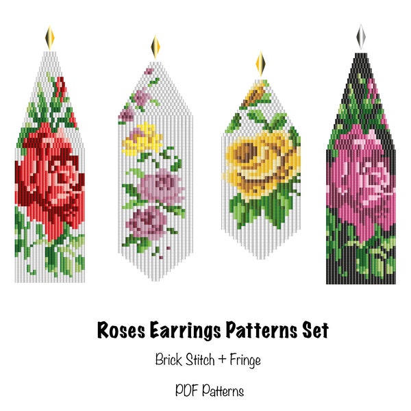 Flower Roses beaded earrings pattern set, Summer Brick stitch earrings pattern, Fringe earrings pattern, Spring beaded earrings pattern, PDF