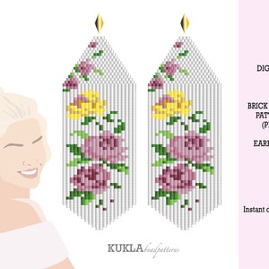 Könnte beinhalten: Digitaler Download-Muster für Ziegel-Stich-Perlenohrringe. Die Ohrringe haben ein florales Design mit rosa, gelben und grünen Perlen auf weißem Hintergrund.