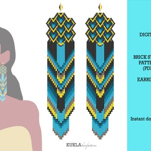 May include: A digital download pattern for brick stitch earrings. The earrings are long and feature a geometric design in shades of blue, black, yellow, and grey. The pattern is available for instant download.