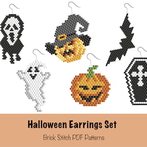 Set of 6 Halloween beaded earrings patterns Brick Stitch earrings patterns Scream, Pumpkin in a hat, Pumpkin, Coffin, Bat, Ghost PDF pattern