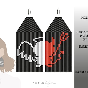 May include: Digital download pattern for brick stitch earrings. The pattern features two designs: a black and white bird and a red and black crab.