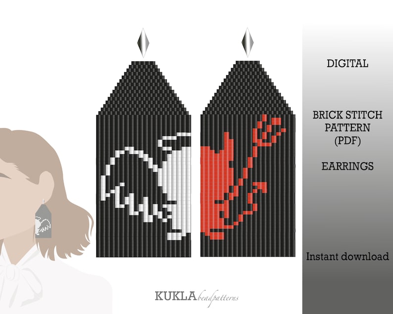 May include: Digital download pattern for brick stitch earrings. The pattern features two designs: a black and white bird and a red and black crab.