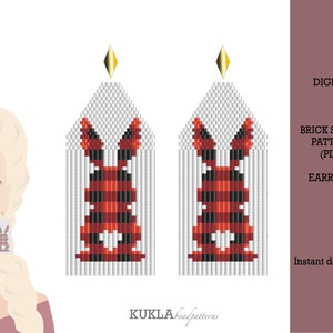 May include: Digital download pattern for brick stitch earrings featuring a red and black plaid bunny design.  The pattern is for beaded earrings.