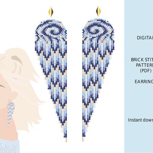 May include: Digital download pattern for brick stitch earrings. The earrings are long and feature a blue and white swirl design.