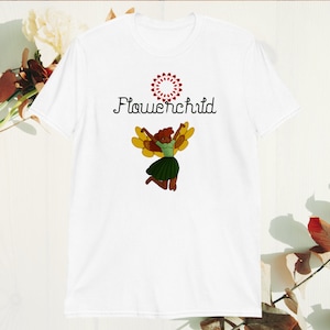 Cute, Fairy Yellow Flowerchild girl Nature Graphic Unisex T-Shirt Ladies Design Nymph T-Shirt Sprite Pixie Tee Fay Art Faerie Faery Pattern.