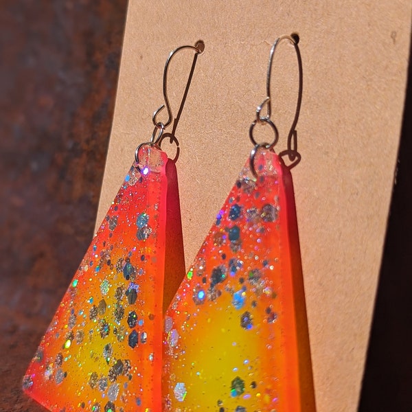 Sunburst Triangle Epoxy Resin Earrings | Fiery Orange & Sunny Yellow with Iridescent Sparkles | Jewelry | Epoxy Resin | Art