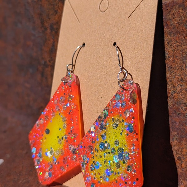 Sunfire Diamond Epoxy Resin Earrings - Fiery Orange & Sunny Yellow with Iridescent Sparkles | Epoxy Resin | Jewelry | Art