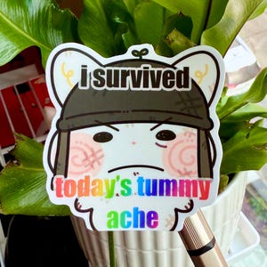 Könnte beinhalten: Ein weißer Aufkleber mit einem Cartoon-Gesicht, das einen schwarzen Hut trägt. Der Text "i survived" steht über dem Gesicht, und "today's tummy ache" steht darunter. Der Text ist mehrfarbig.