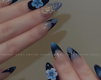 Uñas de flores de ola de medianoche / Uñas de flores azul océano / Uñas reutilizables de plumeria con flores hawaianas / Uñas femeninas hechas a mano / Aloha