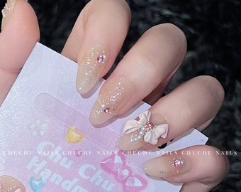 Lover’s Bow | Pink 3D Bow Pearl Valentines Press on Nails | high quality reusable nails | Shining cute glitter Nail | party concert birthday