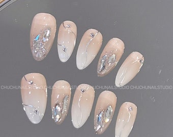Soft Glow｜Nude gradient Crushed Gems Almond reusable Press On Nail | Bridal Elegant handmade nail art | Holiday Birthday Party