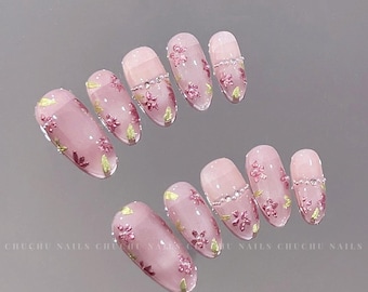 Gleaming Petals | two-length Pink flower green leaves Press on Nails | high quality reusable nails|Shining cute glitter Nail | party concert