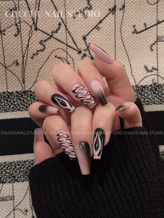 Y2k Black Pink Zebra Pattern Special Press on Nail Trendy Fashion