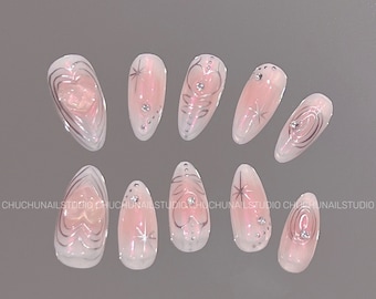 Aurora Heartline Blush Nails Press on Nails | high quality reusable nails | Shining cute y2k Nail | party concert birthday