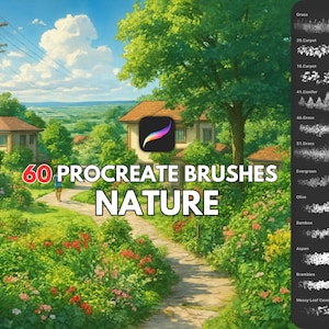 May include: 60 Procreate Brushes Nature - A digital illustration of a lush green landscape with houses and a winding path. The image includes a set of 60 Procreate brushes for nature, with names like "Grass", "Carpet", "Conifer", "Evergreen", "Olive", "Bamboo", "Aspen", "Bramble", and "Messy Leaf Cover".