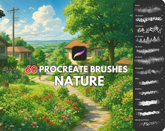 Anime & Nature Procreate Brushes | Foliage, Grass, Clouds, Trees | Procreate Nature Brush Bundle for Fantasy, Landscape Art