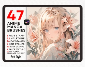 Conjunto de pinceles estéticos suaves para Procreate, pinceles para ilustración de anime, sellos de cabello, ojos y cuerpo con efecto semitono.