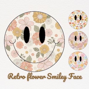 May include: A yellow smiley face with a floral pattern. The background is white. The text "Retro flower Smiley Face" is below the smiley face.