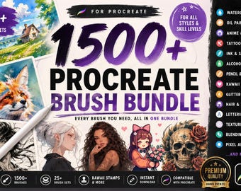 1500+ Procreate Brushes Bundle | Anime, Tattoo, Watercolor, Hair, Manga, Texture & Stamp Brushes | Digital Art Brush Pack
