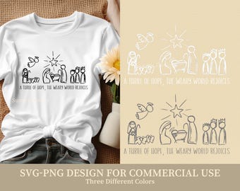 May include: A white t-shirt with a black and white illustration of the nativity scene. The illustration includes a star, a manger, a baby Jesus, Mary, Joseph, and three wise men. The text "A thrill of hope, the weary world rejoices" is printed below the illustration.