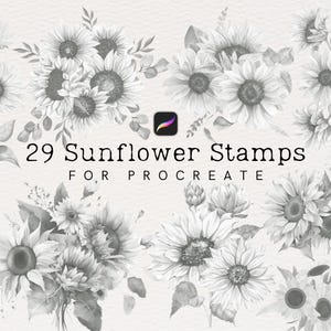 Pinceles para sellos de girasol para Procreate / Sellos de flores de julio / Set de sellos botánicos y de tatuajes / Pack de pinceles de flor de girasol