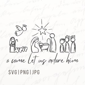 Może przedstawiać: Czarno-biała ilustracja sceny narodzin z gwiazdą nad żłóbkiem. Tekst 'o come let us adore him' znajduje się pod obrazem. Tekst 'SVG | PNG | JPG' znajduje się pod tekstem.