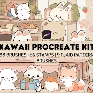 Kit de dibujo kawaii para Procreate / Set de pinceles para sellos de animales adorables / Garabatos, monolínea, arte lineal y pinceles suaves para ilustraciones adorables
