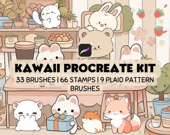 May include: Kawaii Procreate Kit with 33 brushes, 66 stamps, and 9 plaid patterns. The kit features cute animal illustrations, including a fox, a bunny, a bear, and a hamster. The kit also includes a variety of floral and other decorative elements.