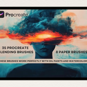 May include: A digital illustration of a person's face with a colorful, abstract background. The image includes the text "Procreate", "35 Procreate Blending Brushes", "8 Paper Brushes", and "These brushes work perfectly with oil paints and watercolors".