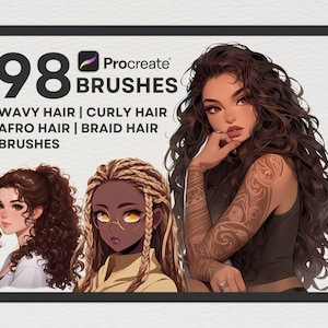 Puede incluir: La pantalla de una tableta digital muestra un gráfico de 98 pinceles Procreate para dibujar cabello ondulado, rizado, afro y trenzado. El texto "98 Procreate Brushes" se muestra en un cuadro blanco con un icono de pincel rosa y morado. El texto "Cabello ondulado | Cabello rizado | Cabello afro | Cabello trenzado Pinceles" se muestra debajo del cuadro. Tres ilustraciones de mujeres con diferentes peinados se muestran en la pantalla.