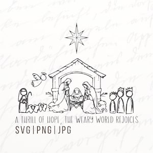 Puede incluir: Una ilustración en blanco y negro de la escena de la natividad con una estrella sobre el establo. La escena incluye a María, José, el niño Jesús, un ángel, tres reyes magos y ovejas. El texto "A THRILL OF HOPE, THE WEARY WORLD REJOICES" está debajo de la imagen.