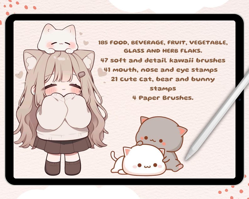 May include: Digital illustration of a kawaii girl with cat ears, holding her hands to her cheeks. The image also includes a cat and a bunny, and text that reads "185 Food, Beverage, Fruit, Vegetable, Glass and Herb Flakes. 47 Soft and detail kawaii brushes 41 Mouth, nose and eye stamps 21 Cute cat, bear and bunny stamps 4 Paper Brushes."