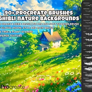 May include: Digital art brushes for Procreate, featuring Ghibli nature backgrounds. Includes 40 grass and herb brushes, 33 pen and soft shading brushes, 15 cloud, moon, star, and rain brushes, 66 tree and plant stamps, and 5 paper textures.