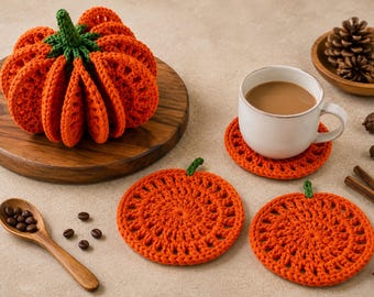 Crochet Pumpkin Coaster Pattern, 8 Coasters to 1 3D Pumpkin