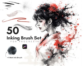 Puede incluir: Un conjunto de 50 pinceles de tinta para Procreate, con una ilustración en blanco y negro de una mujer con flores rojas en el pelo. Los pinceles están diseñados para crear efectos de tinta y son perfectos para artistas que quieren crear ilustraciones realistas o estilizadas.