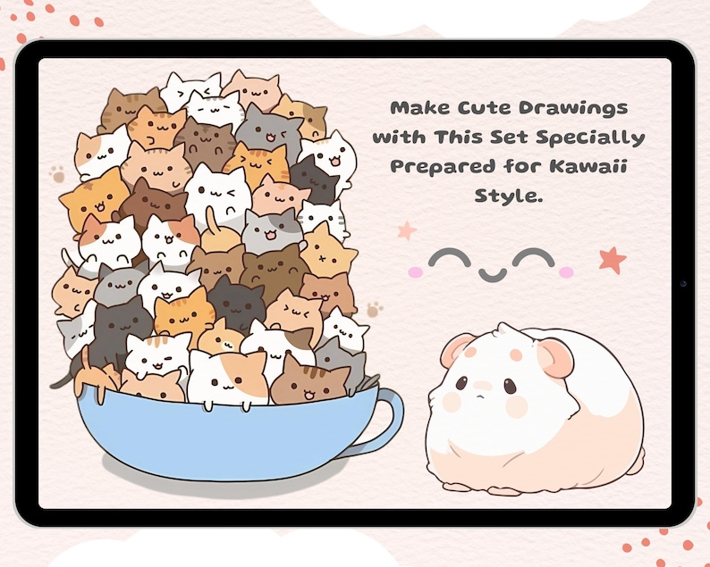 May include: A digital illustration of a blue bowl overflowing with a pile of cute cartoon cats. The text "Make Cute Drawings with This Set Specially Prepared for Kawaii Style." is above the bowl. A white hamster with pink cheeks is on the right side of the image.