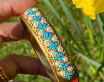 Victorian 18ct Gold Bangle with Natural Turquoise & Seed Pearls c.1870